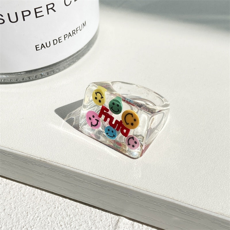 Colorful Transparent Resin Acrylic Crystal Rhinestone Simple Geometric Square Round Rings Set Jewelry