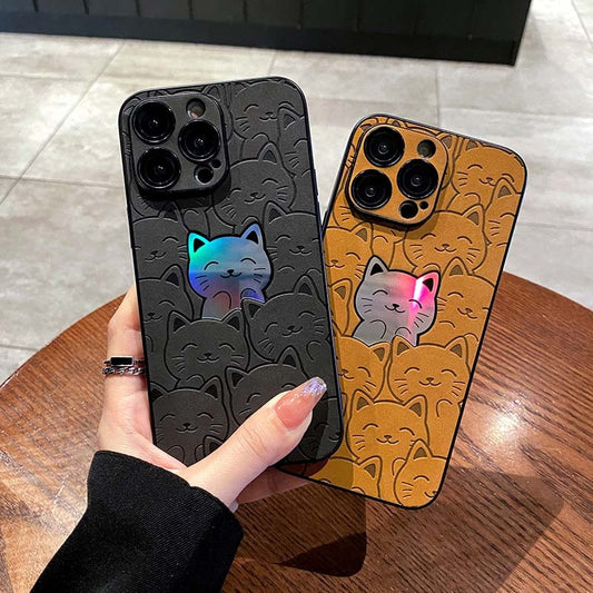 Luxury Cartoon Cats Laser Phone Case for iPhone 11 Pro Max 12 13 14 15 Pro Max 14 Plus Leather Camera Lens Protective Case