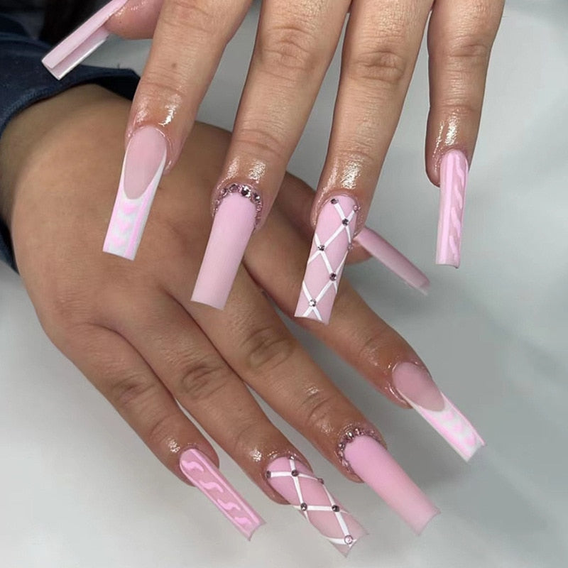 24pcs artificial nails pink french press on nails Sticker Fake Nails Tips With Glue Full Cover Detachable Finished Fingernails