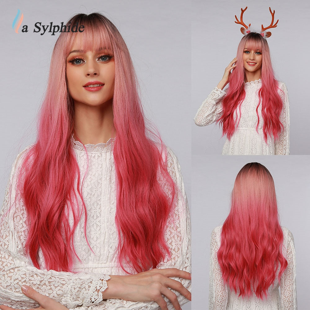 Synthetic Hair Wigs Cosplay Wig Long Wave Root Black Ombre Pink for Woman Heat Resistant Fiber Daily Party Wig