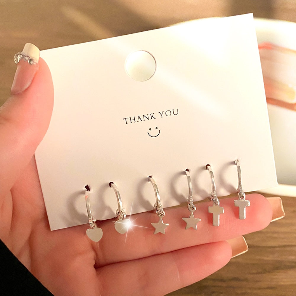 Korean Metal Love Heart Circle Drop Small Earrings for Women Trend Pendant Piercing Earrings Set