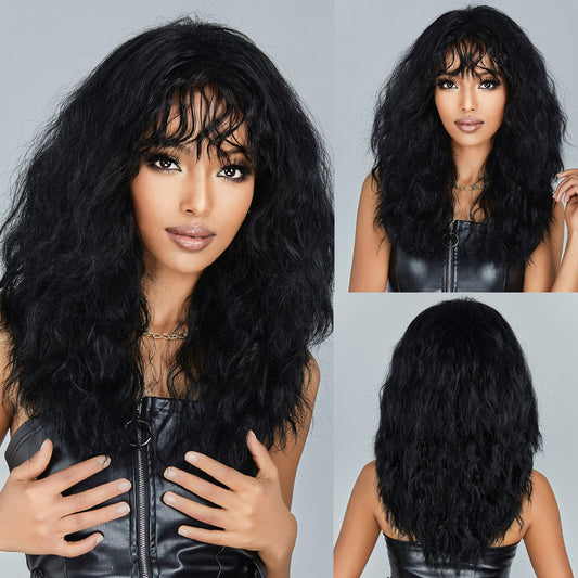 Black Curly Synthetic Wigs Natural Long Women's Wig with Bangs Deep Water Wave Bohemian Cosplay Wig For Black Women Fake Hair