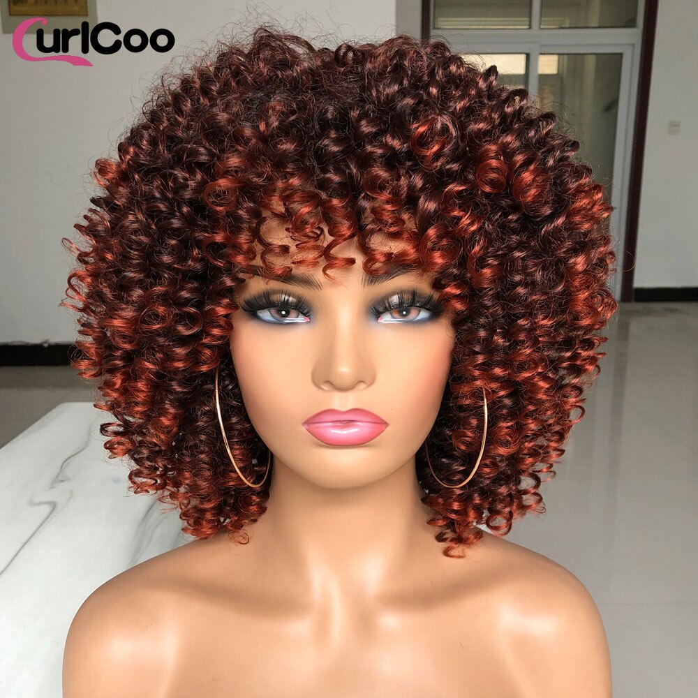 Short Afro Kinky Curly Wigs With Bangs For Women Synthetic Ombre Natural Heat Resistant Hair Brown Cosplay Highlight Wigs