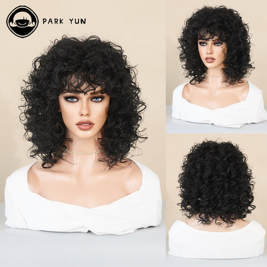 Natural Black Short Curly Hair Wig for Women Heat Resistant Synthetic Wig with Bangs Party Daily Use Afro Female Wig Hair