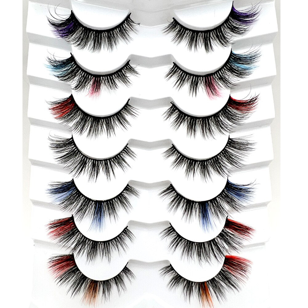 3D Mink Lashes 7Pairs Colored Lashes 100% Fluffy Mink Lashes Mix Colored Eyelashes Pink Blue Red False Eyelashes