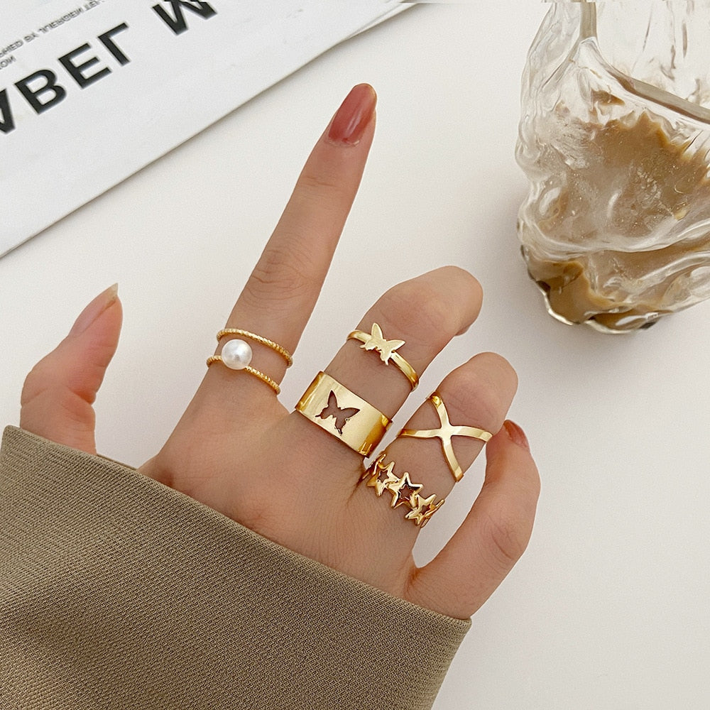 Bohemian Geometric Rings Sets Crystal Star Moon Flower Butterfly Constellation Knuckle Finger Ring Set For Women Jewelry