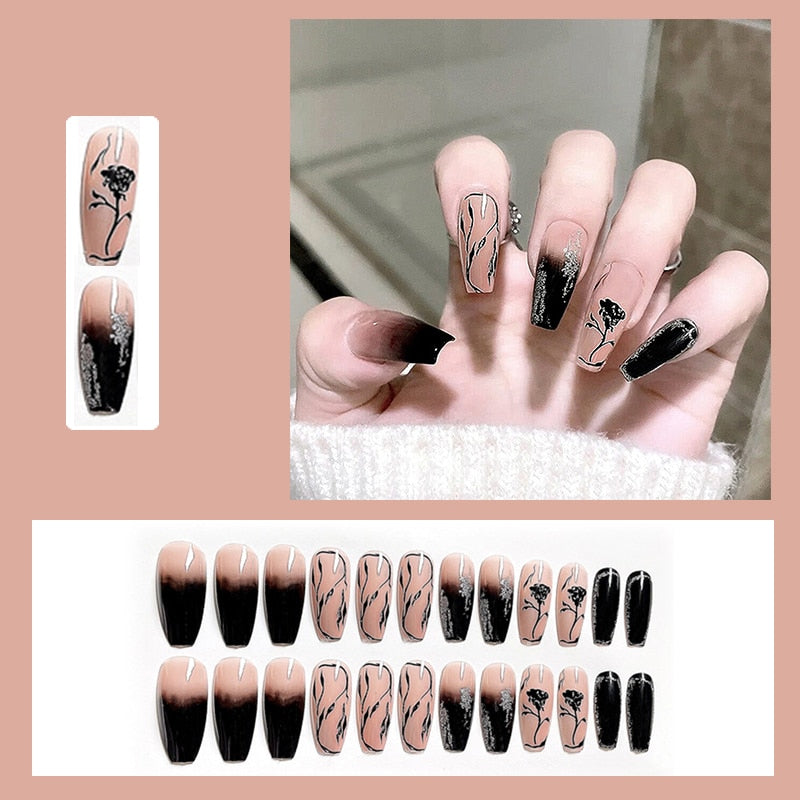 24pcs Butterfly decorated false nails Removable Long Manicure press on nail tips full cover acrylic