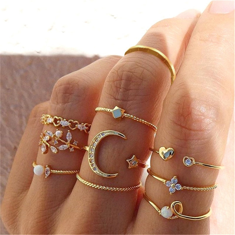 Geometric Knuckle Rings set For Women Crystal Gold color Finger Ring Boho Ladies wedding Jewelry Gift