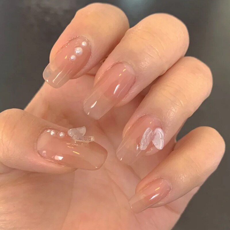 24pcs Long gradient nude false nail with glue simple artifical press on nails acrylic nails natural stick on nails set