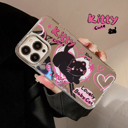 Retro Kawaii Graffiti black cat pink Love art mirror art Phone Case For iPhone 14 13 12 11 Pro Max Case Cute Cartoon hard Cover