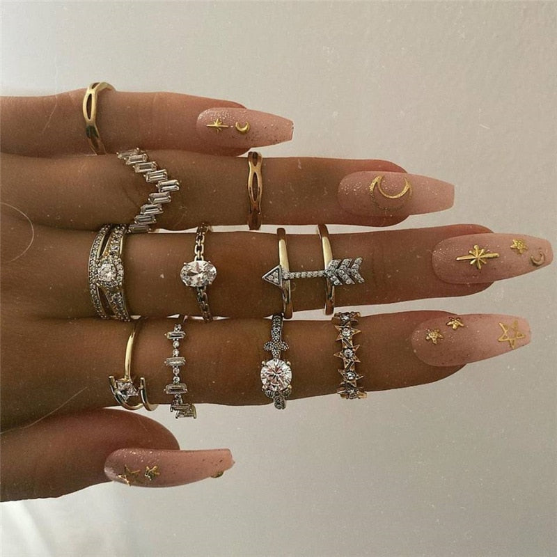 Geometric Knuckle Rings set For Women Crystal Gold color Finger Ring Boho Ladies wedding Jewelry Gift