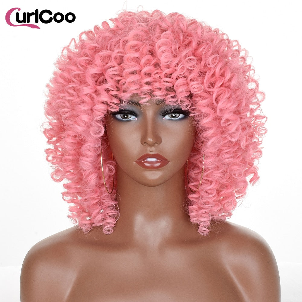 Short Afro Kinky Curly Wigs With Bangs For Women Synthetic Ombre Natural Heat Resistant Hair Brown Cosplay Highlight Wigs