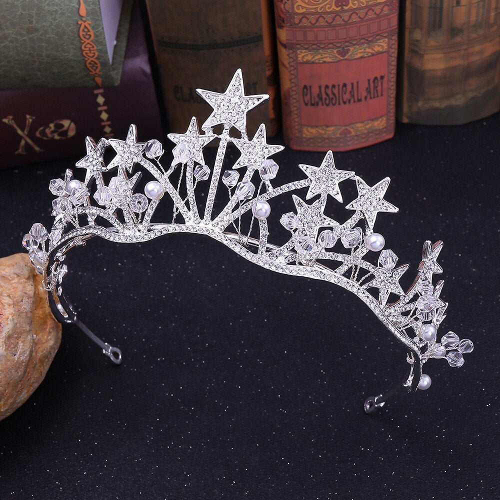 Baroque Gold Color Star Crystal Pearl Wedding Tiaras Bridal Crown for Bride Rhinestone Crowns Headband Jewelry Hair Accessories