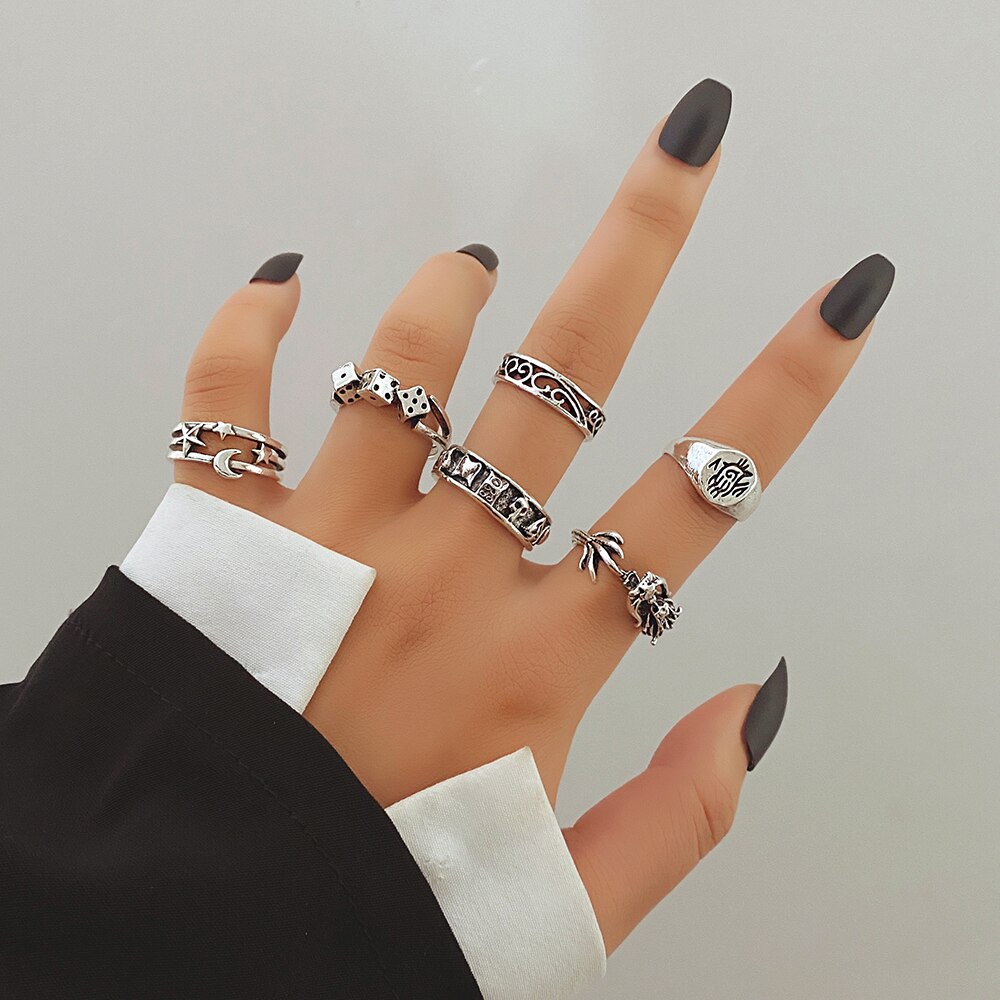 Punk Gothic Butterfly Snake Chain Ring Set for Women Black Dice Vintage Silver Plated Retro Rhinestone