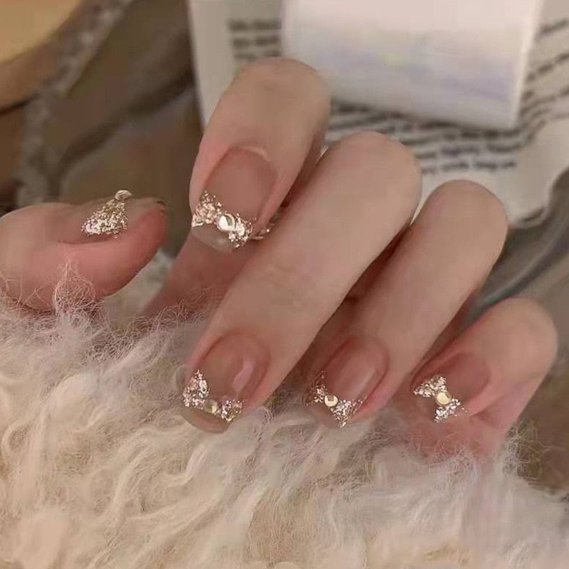 24pcs Long gradient nude false nail with glue simple artifical press on nails acrylic nails natural stick on nails set