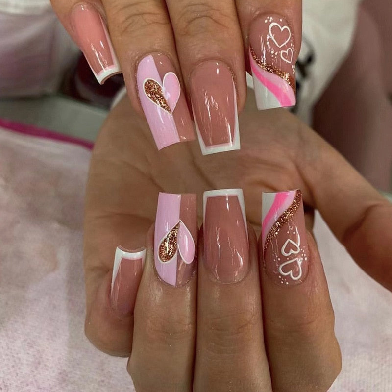 24pcs artificial nails pink french press on nails Sticker Fake Nails Tips With Glue Full Cover Detachable Finished Fingernails