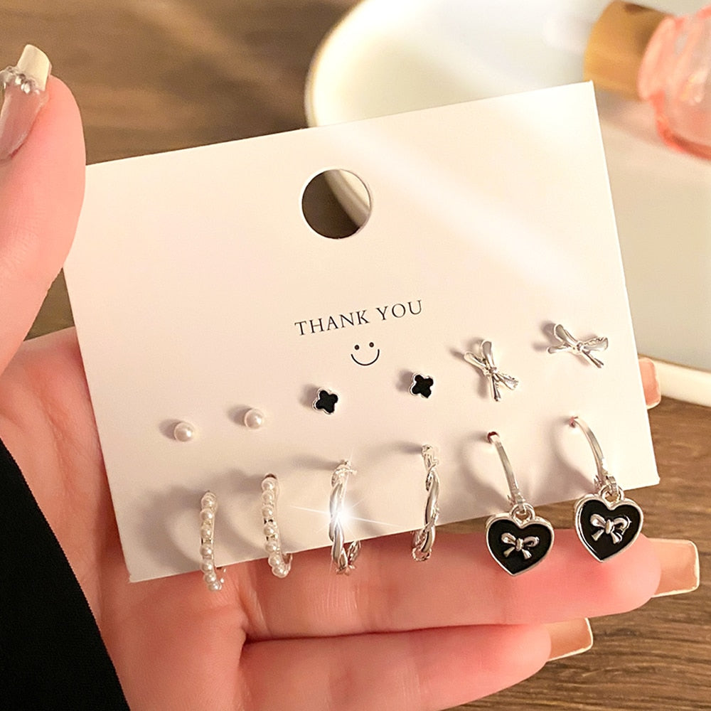 Korean Metal Love Heart Circle Drop Small Earrings for Women Trend Pendant Piercing Earrings Set