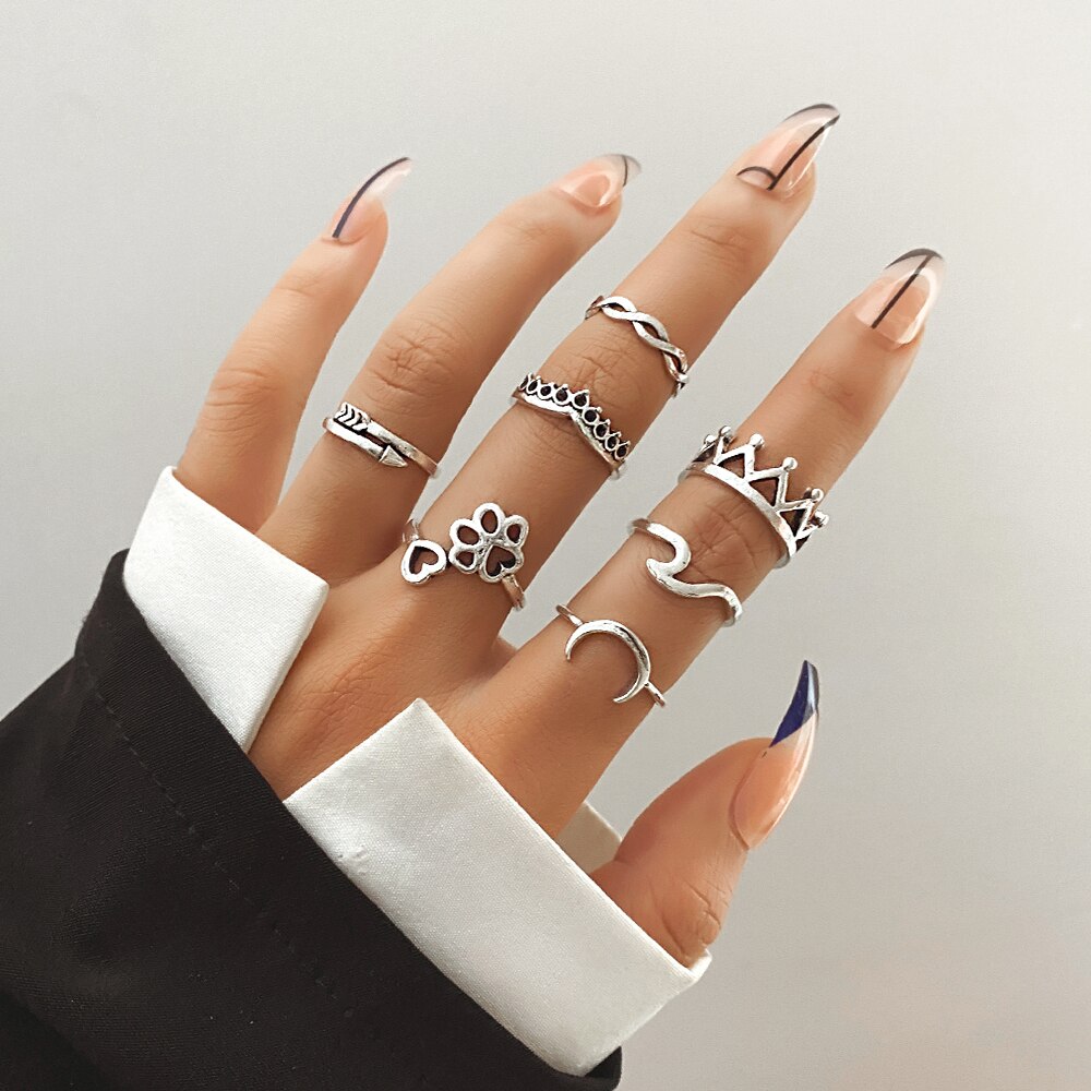 Punk Gothic Butterfly Snake Chain Ring Set for Women Black Dice Vintage Silver Plated Retro Rhinestone