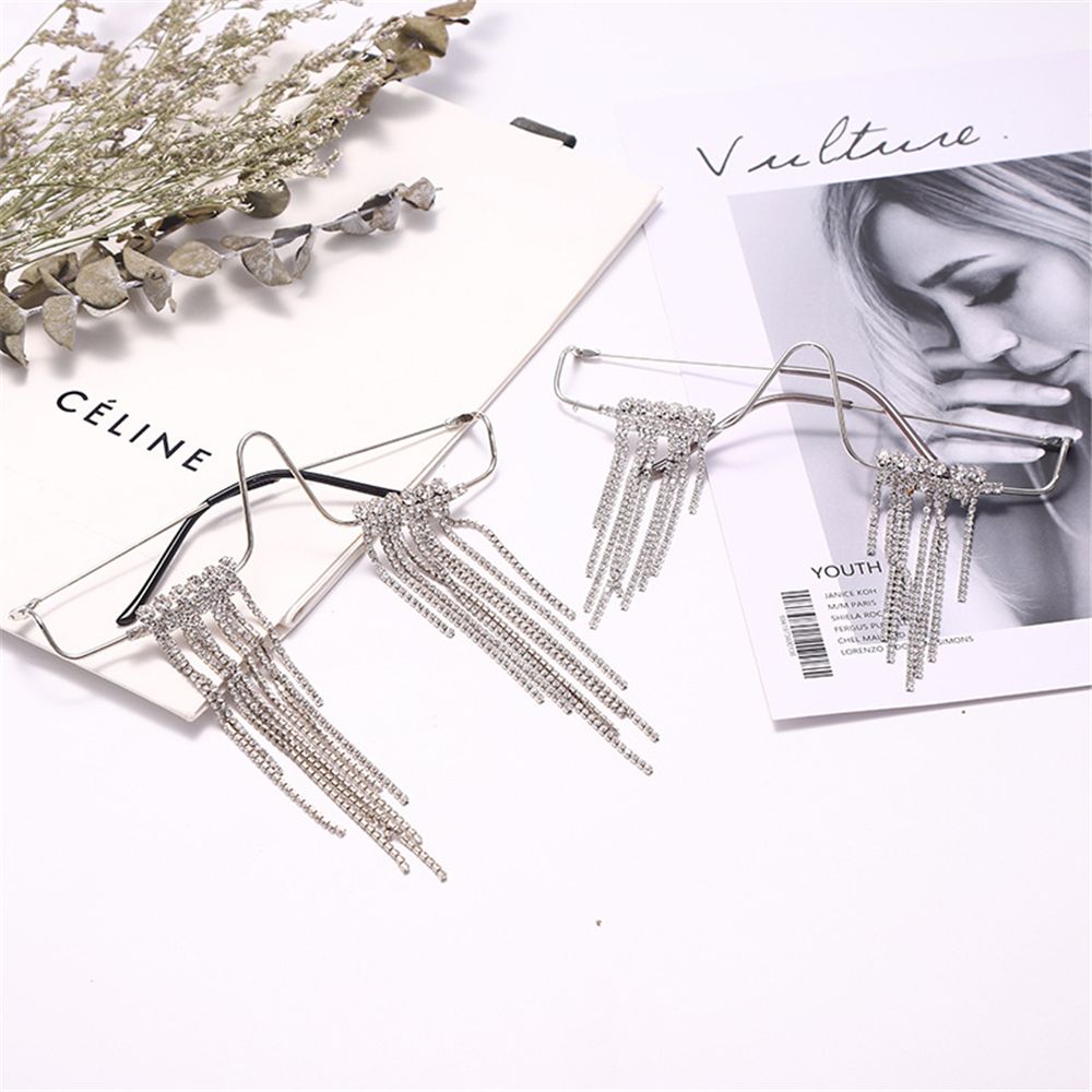 Decorative Glasses Frameless Diamond Tassels Eyeglasses Hip-Hop Punk Rhinestone Glasses Frames for Women