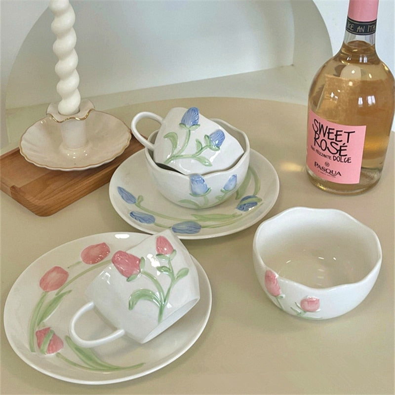 Creative Coffee Cup Ceramic Pink Tulip Flower Tea Mug Coffee Afternoon Tea Cup Cake Plate Assiettes Mariage Kitchen Accessories