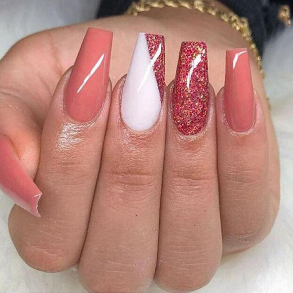 24pcs False Nail Full Cover Fake Nail Elegant Pink Gradient Glitter French Short Nails Coffin Short False Nail Press On Nails