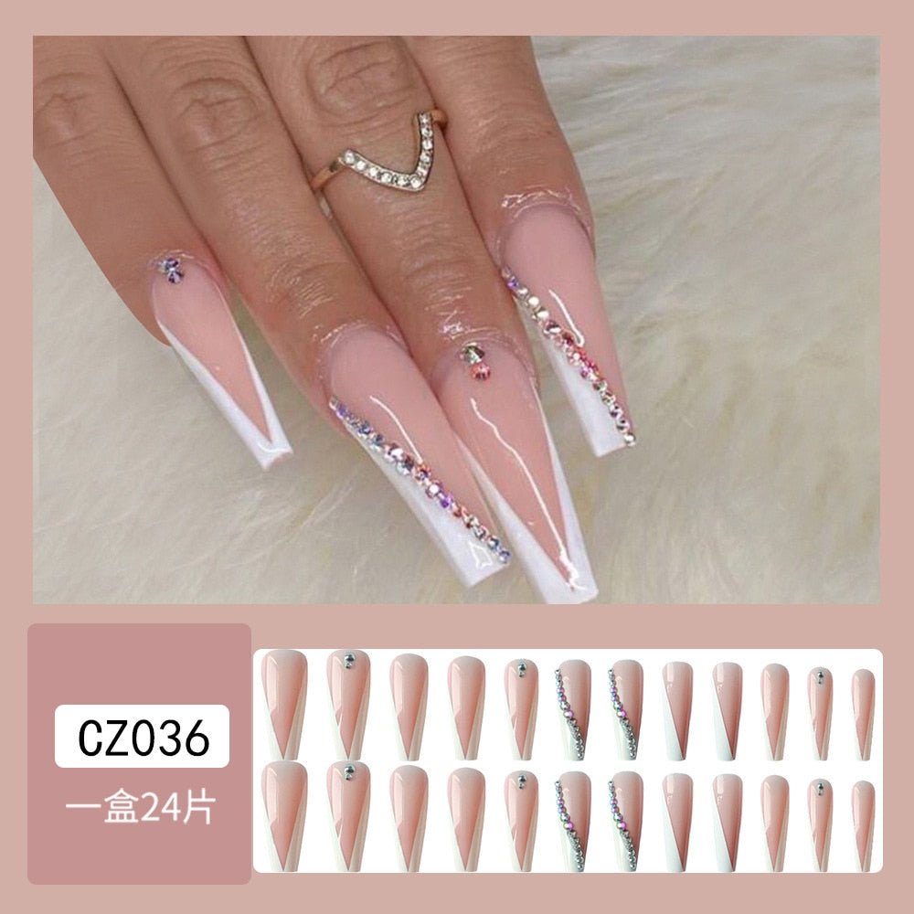 24Pcs Long Square False Nails with Glue French Rhinestone Design Fake Nail Wearable Acrylic Press on Nails Full Cover Nail Tips