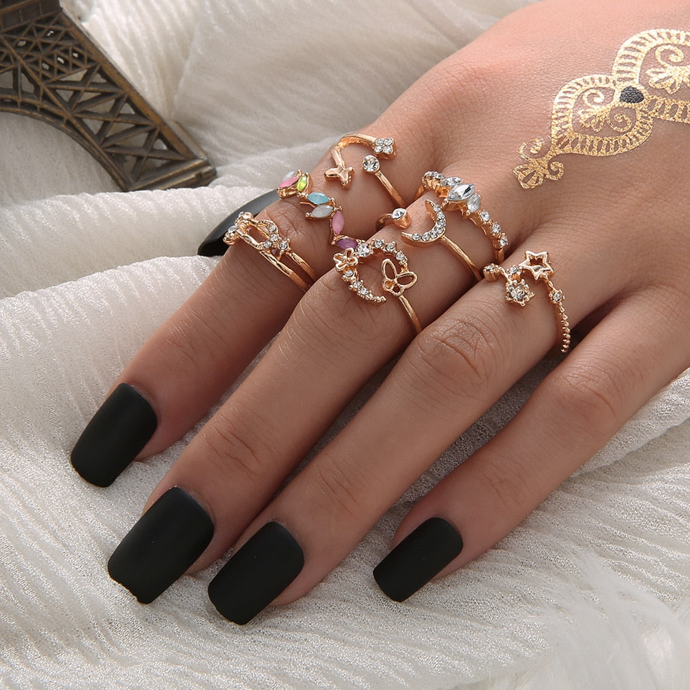 Bohemian Geometric Rings Sets Crystal Star Moon Flower Butterfly Constellation Knuckle Finger Ring Set For Women Jewelry