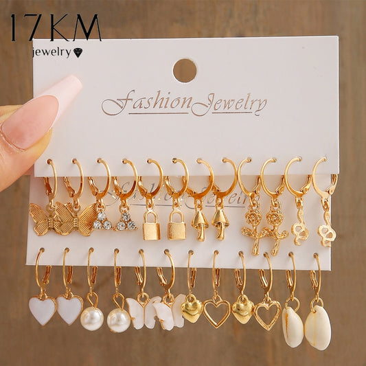 17KM Heart Pearl Dangle Earrings Set Metal Gold Color Butterfly Locks Earrings for Women Shell Trendy Jewelry Hoop Earrings