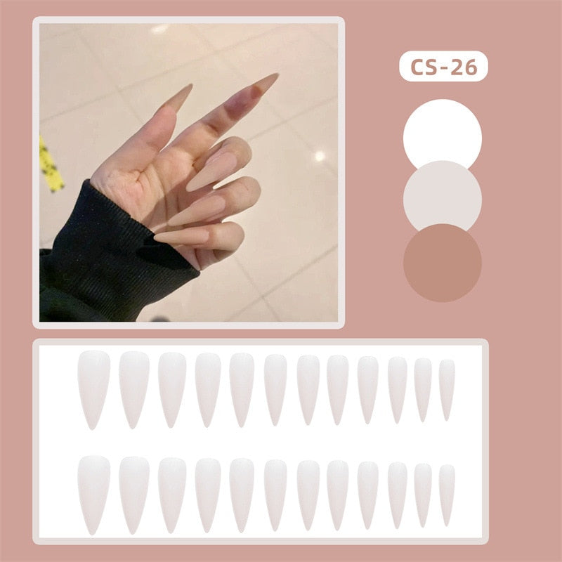 24PCS Khaki Nude Press On False Nails Tips Long Ballerina Pure Color Acrylic Fake Nails Coffin Full Cover Nail With Glue Designs