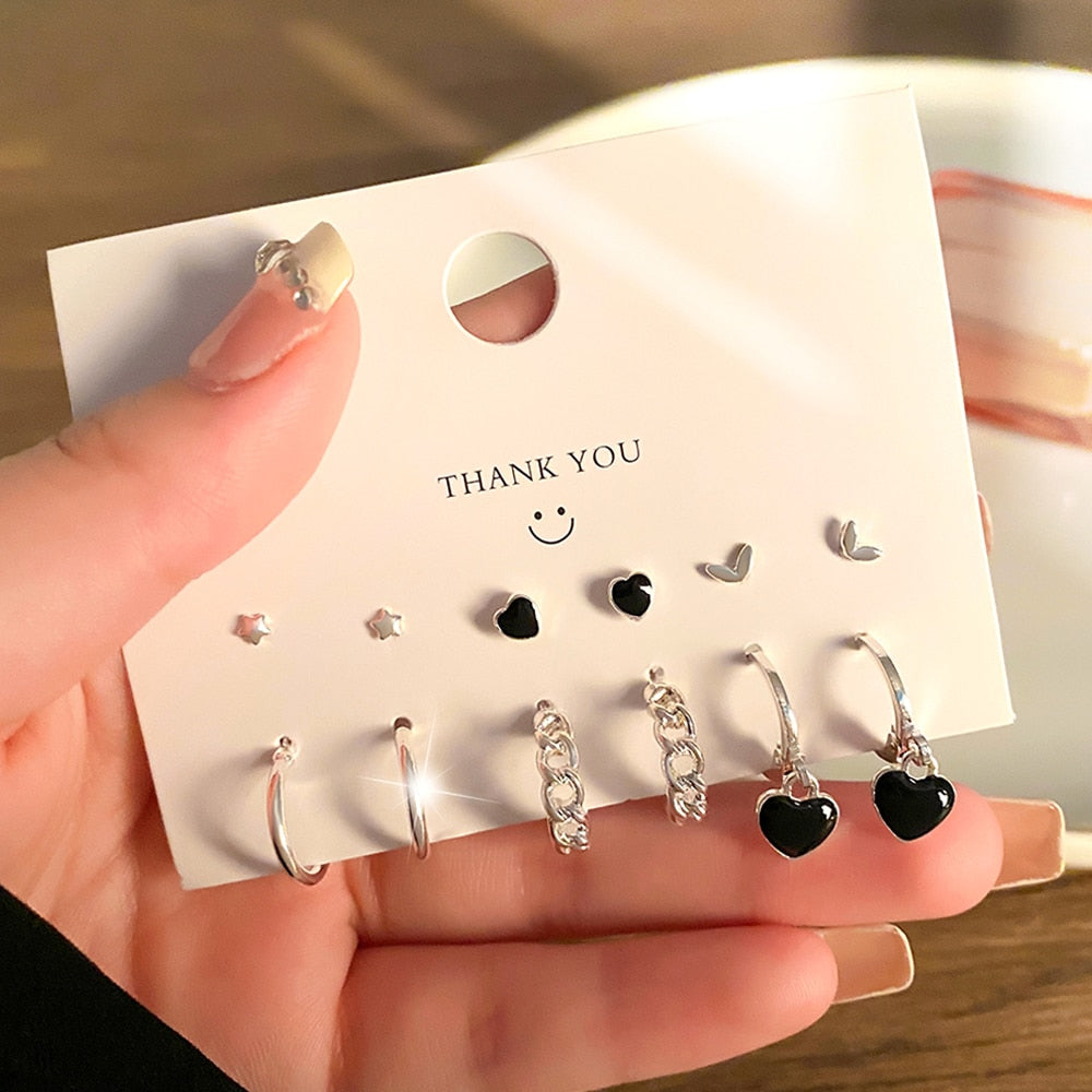 Korean Metal Love Heart Circle Drop Small Earrings for Women Trend Pendant Piercing Earrings Set