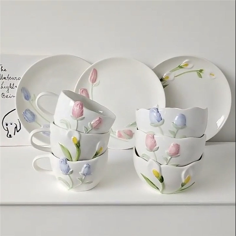 Creative Coffee Cup Ceramic Pink Tulip Flower Tea Mug Coffee Afternoon Tea Cup Cake Plate Assiettes Mariage Kitchen Accessories