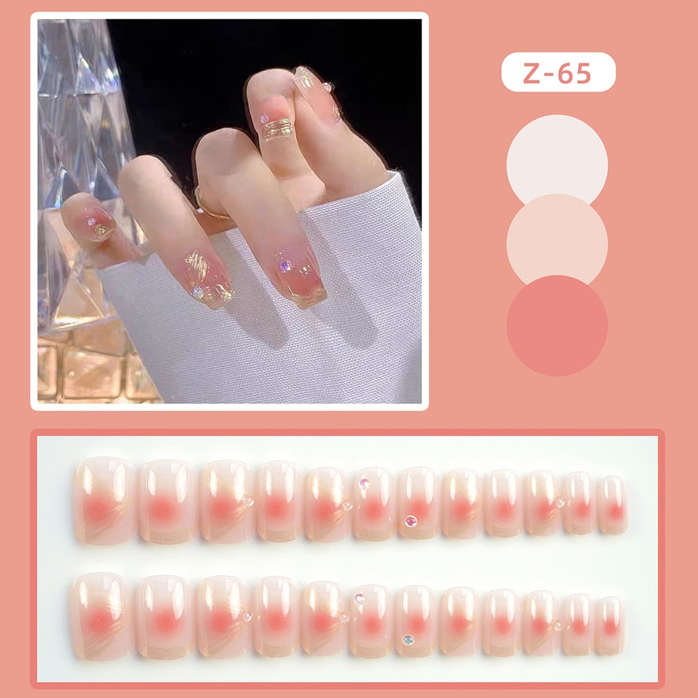 Short Fake Nails With Glitter Aurora Crystal Designs Pink Artificial Nails Wearable Full Cover Press on Nails 24pcs