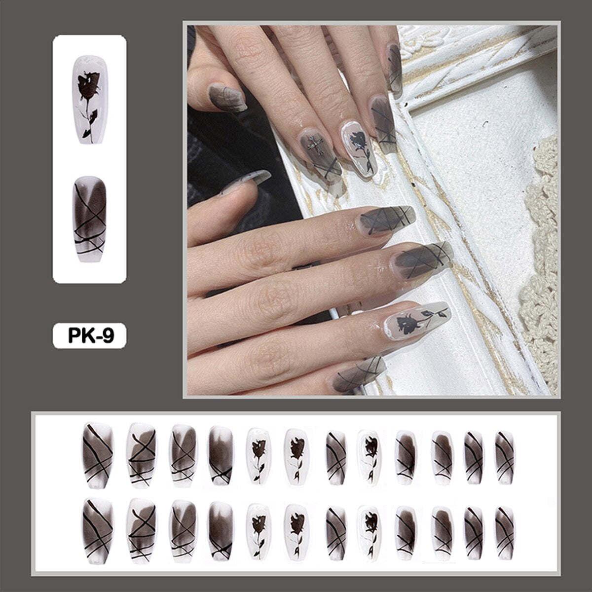 24pcs Elegant Fairy Punk Dry Roses Fake Nail Art With Relief Pattern Fake Nails With Glue Full Cover Nails With Wearing Tools