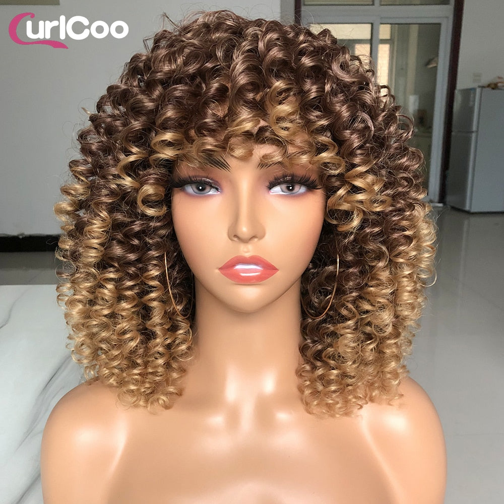 Short Hair Afro Kinky Curly Wigs With Bangs For Women Fluffy Synthetic Ombre Glueless Cosplay Natural highlight Blonde Wig