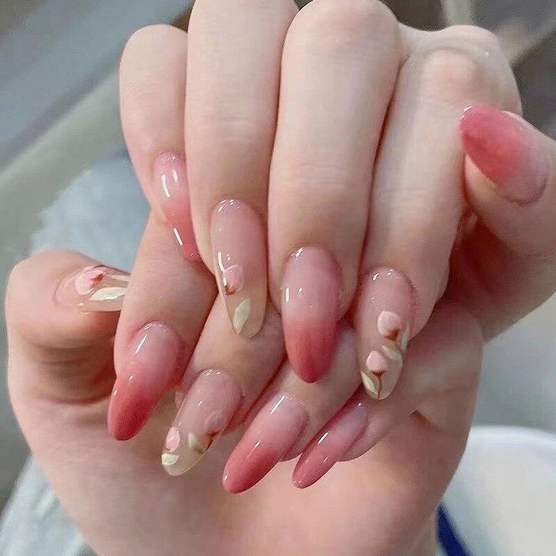 24pcs Long gradient nude false nail with glue simple artifical press on nails acrylic nails natural stick on nails set