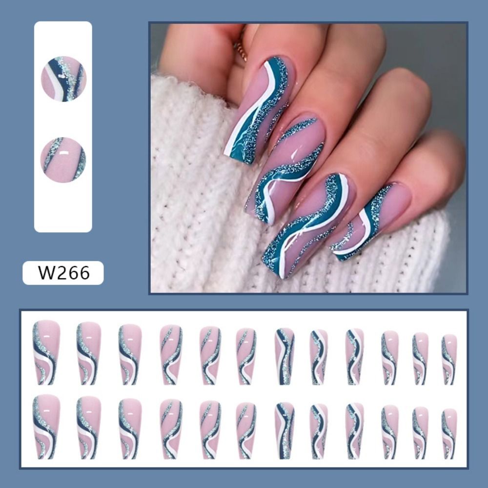 24pcs Long Ballet False Nail Full Cover Fake Nail Grey White Marble Design Nails Tip French Coffin Nails Press On Nails