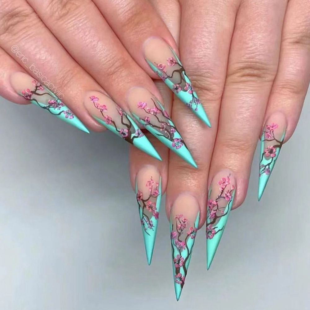 24pcs Long Stiletto False Nails Flower Tree Wearable French Fake Nails Press On Nails Leopard print Design Manicure Tips