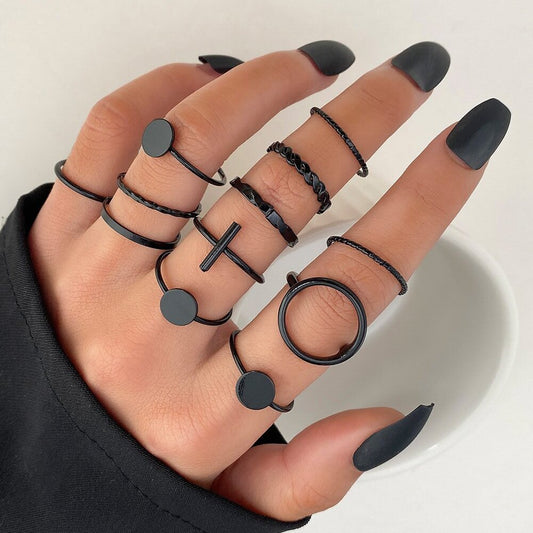 Circle Black Rings Set For Women Vintage Geometric Fried Dough Twists Cross Finger Rings Women Party Jewelry