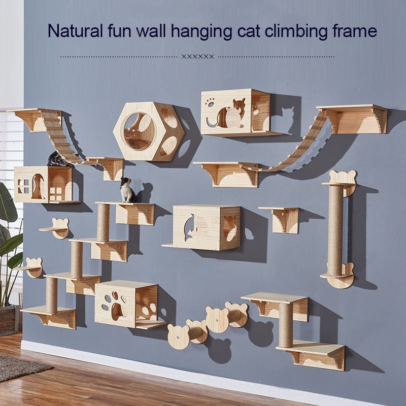 Wall Mounted Cat Climbing Frame DIY Pine Solid Wood Cat Hanging Bed Jumping Platform Cat Scratching Climbing Post Pet Furniture