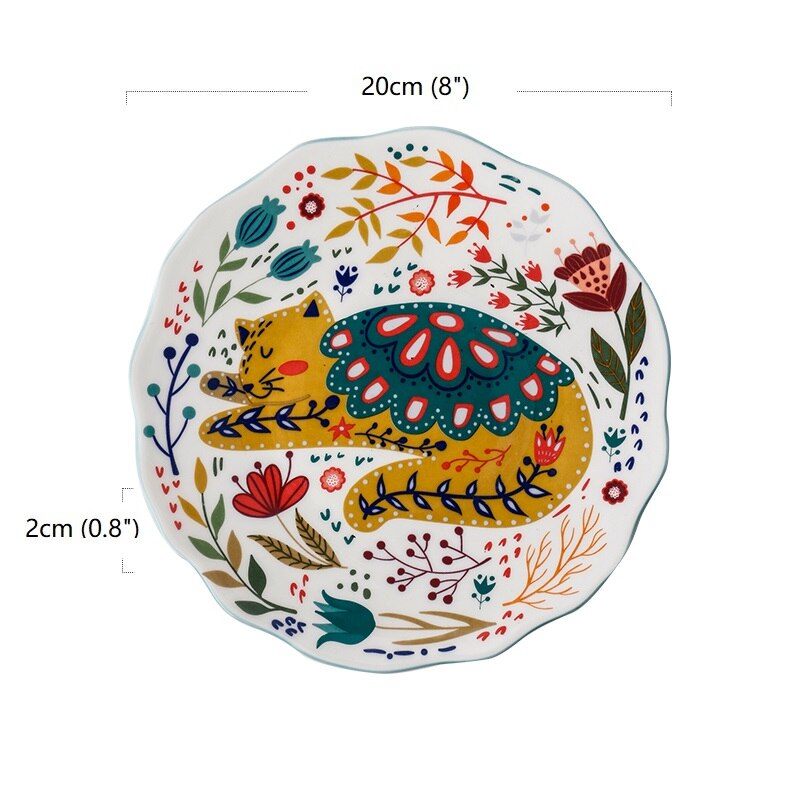 8 Inches Ceramic Dinner Plates Japanese Hand-painted Cartoon Cat Plate Creative Colorful Household Dishes Dinnerware Tableware