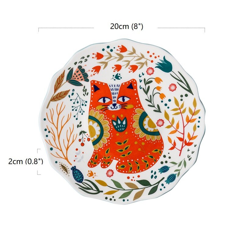 8 Inches Ceramic Dinner Plates Japanese Hand-painted Cartoon Cat Plate Creative Colorful Household Dishes Dinnerware Tableware