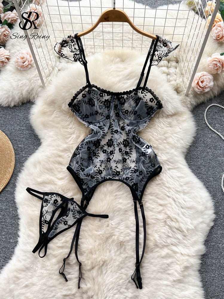 Summer Mesh Transparent Sexy Bodysuits Lace Design Backless Plasysuits Women Underwear Camis Rompers