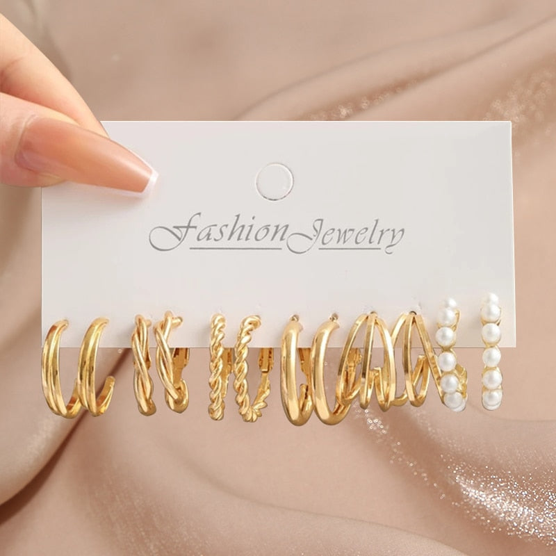 17KM Pearl Twist Hoop Earrings Set Butterfly Acrylic Dangle Earrings for Women Metal Hollow Gold Plated Earring