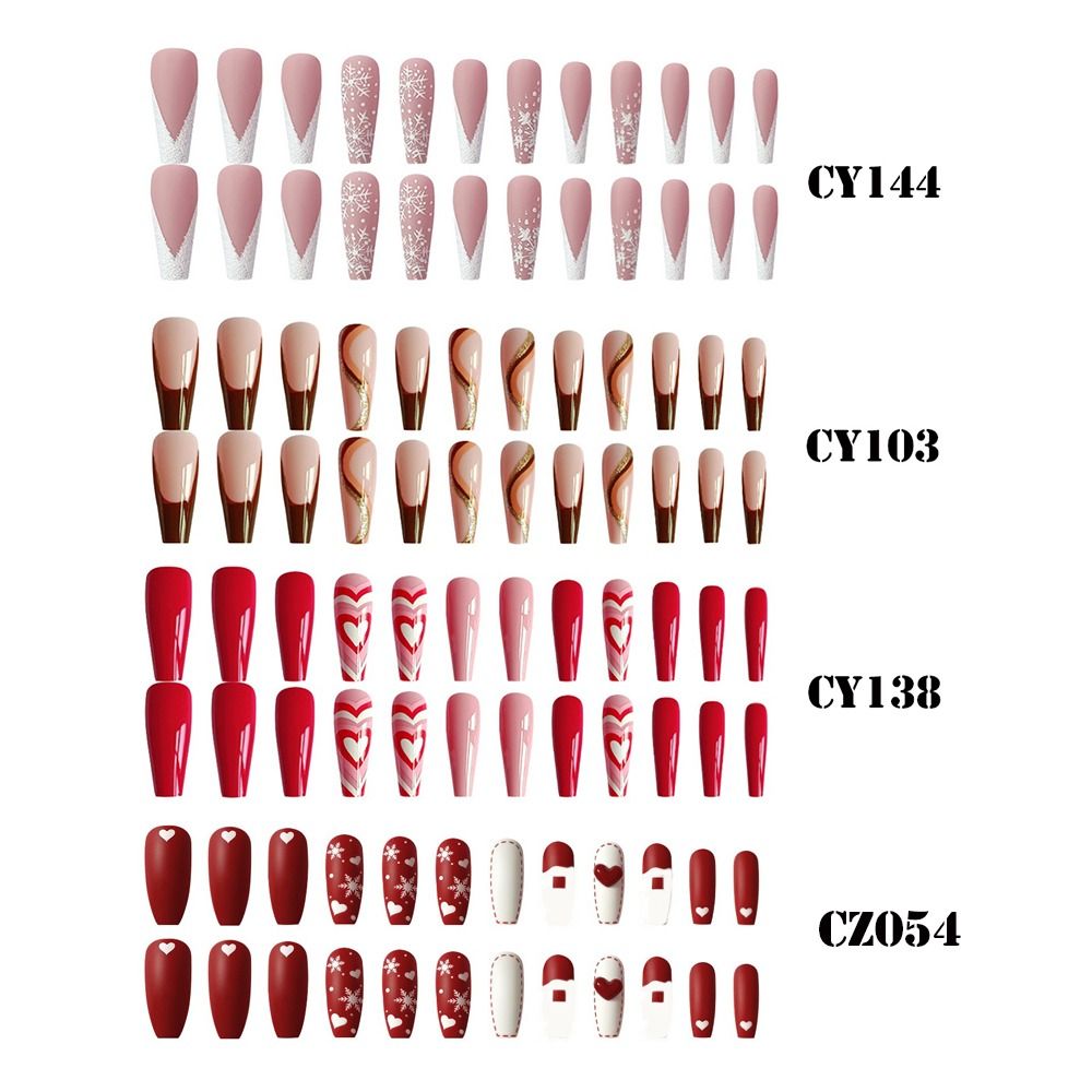 24pcs Christmas Fake Nails Long Coffin Ballerina False Nails with Love Heart Designs French Nail Art Tip Press on Nails Manicure