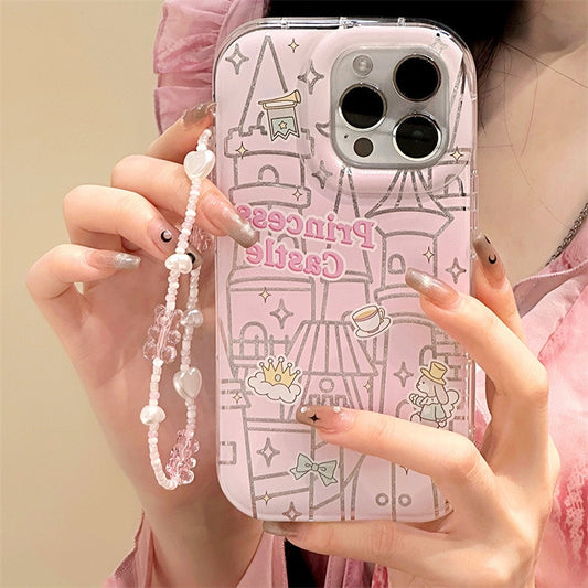 Retro glitter Pink castle Cartoon Bracelet Phone Case For iPhone 14 13 12 11 Pro Max Xr Xs 8 14 Plus Case Cute Sweet girls Cover