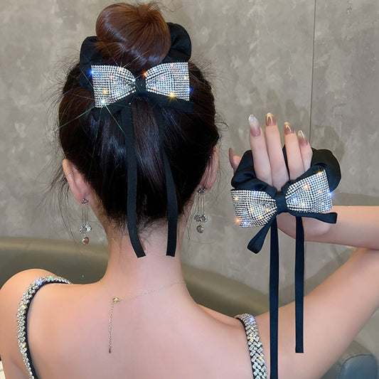 Elegant Bow Ribbon Scrunchies Fashion Ladies Simple Rhinestone Bow Wrap Hair Rope Design Ponytail Girl Hair Accessories