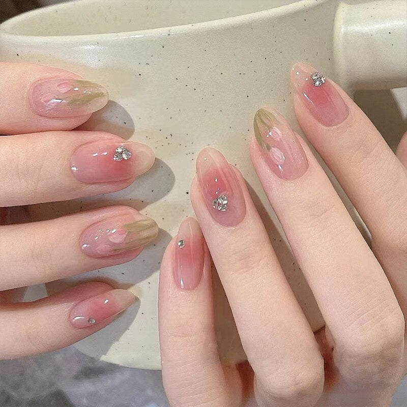 24pcs Long gradient nude false nail with glue simple artifical press on nails acrylic nails natural stick on nails set