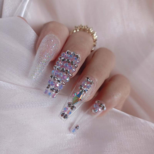 24pcs luxury jewelry long ballet coffin fake nails crystal diamond Transparent