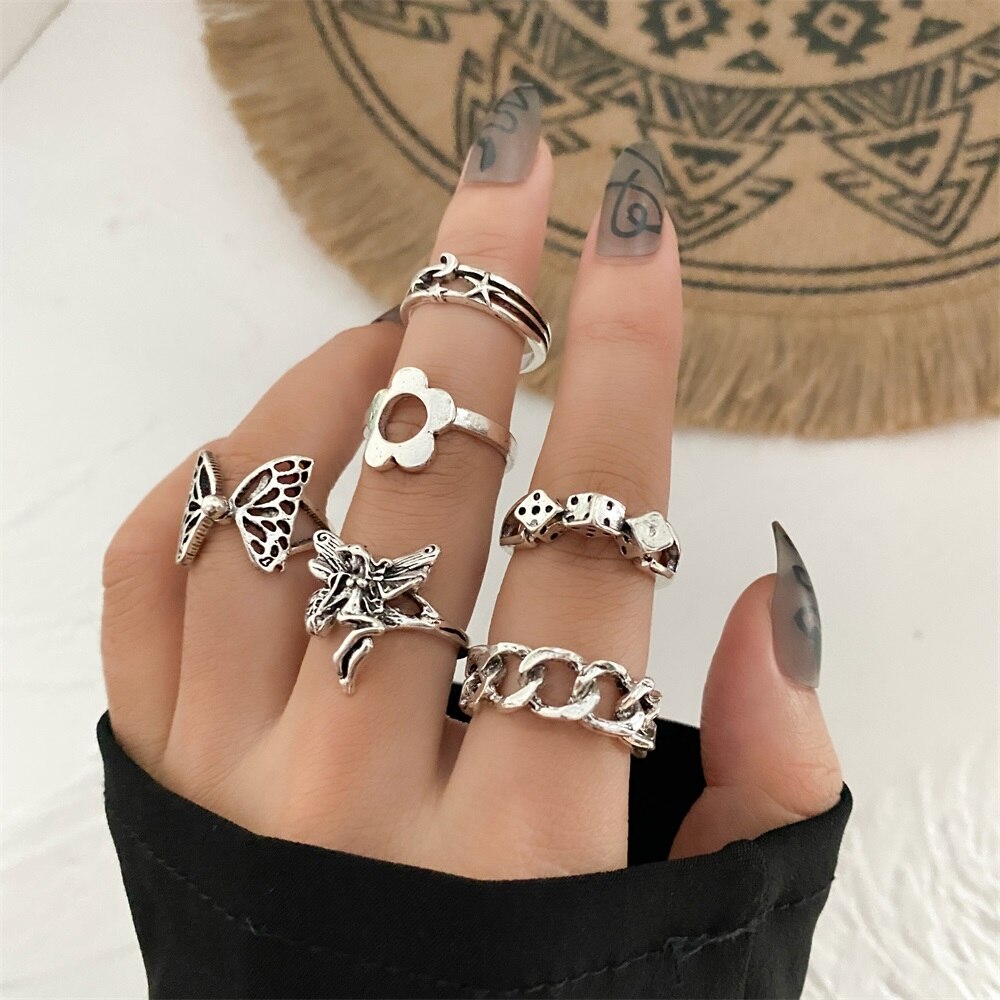 Punk Gothic Butterfly Snake Chain Ring Set for Women Black Dice Vintage Silver Plated Retro Rhinestone