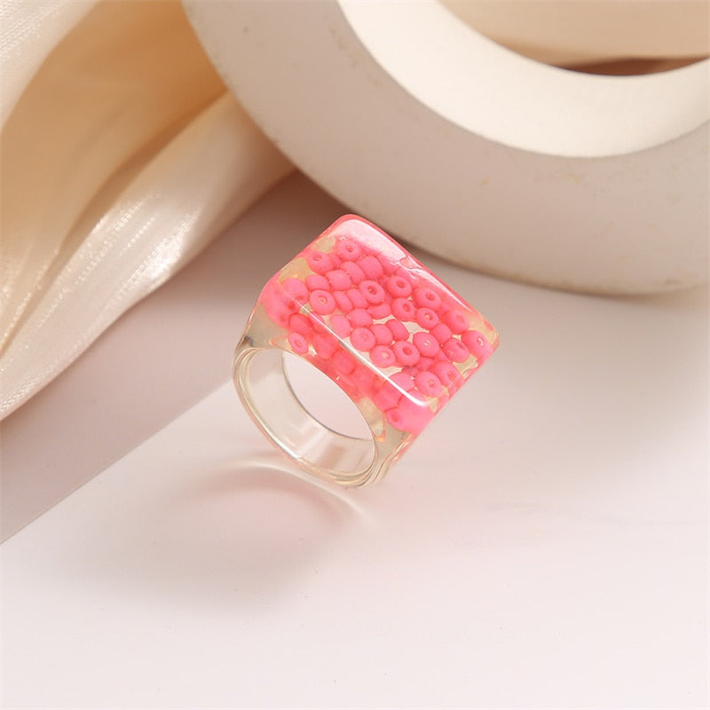 Colorful Transparent Resin Acrylic Crystal Rhinestone Simple Geometric Square Round Rings Set Jewelry